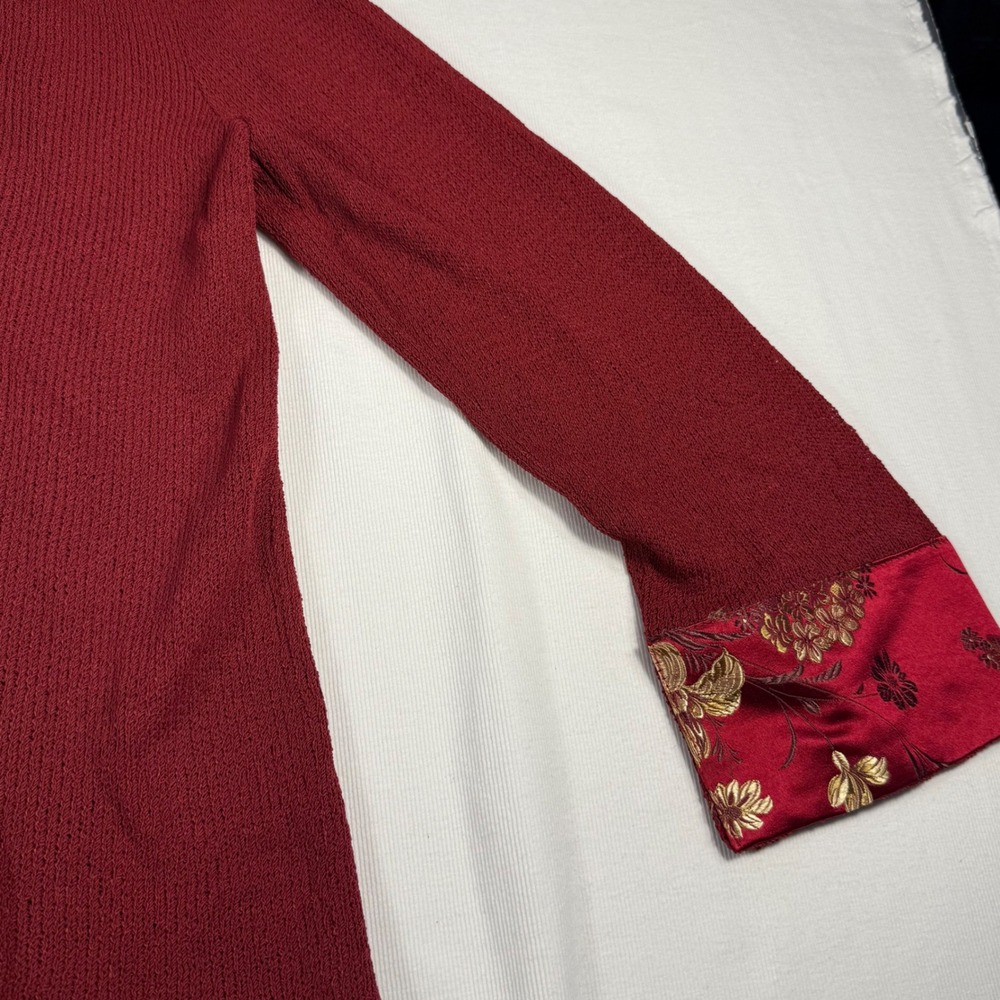 Ball of Cotton Red Textured Knit Cardigan with Floral Brocade Trim Women's S - Picture 5 of 16